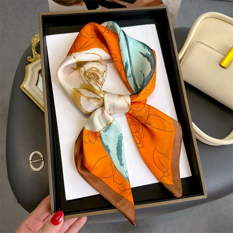 Camellia Floral Printed Satin Square Scarf Elegant Faux Satin Neckerchief Versatile Fashion Headscarf For Women