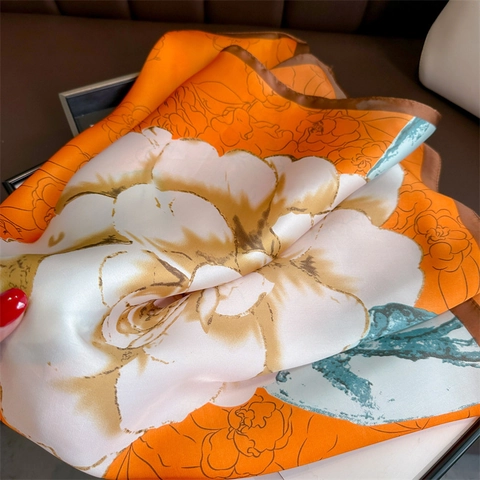 Camellia Floral Printed Satin Square Scarf Elegant Faux Satin Neckerchief Versatile Fashion Headscarf For Women