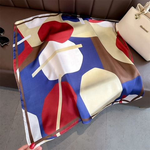 Carré De Satin Imprimé À Blocs Géométriques Foulard En Polyester Satin Look Élégant Mode Enveloppement Tête Cou Pour Femmes