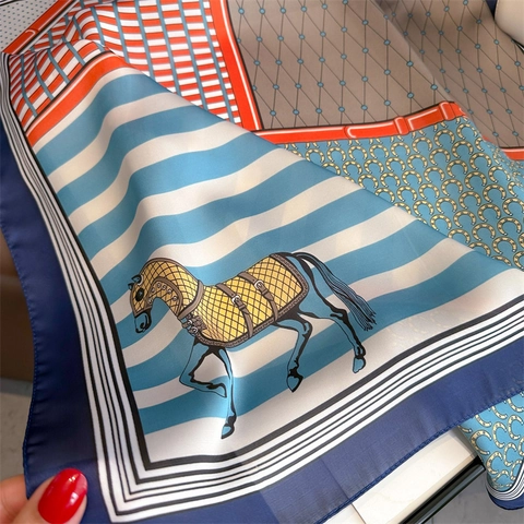 Carré De Satin Vintage Pour Femmes Polyester Imprimé Cheval Géométrique Patchwork Rétro Élégant Foulard