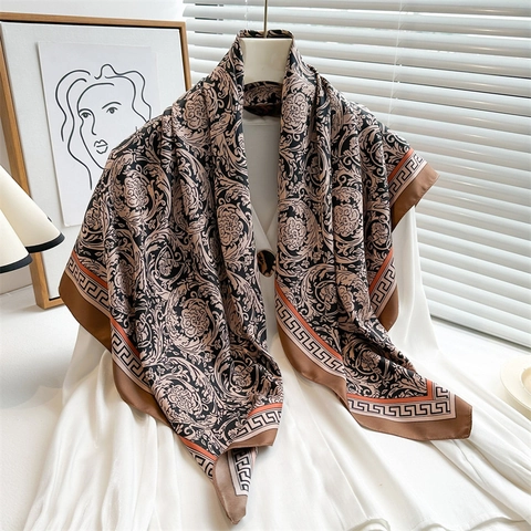 Baroque Floral Print Polyester Satin Square Scarf Elegant Greek Key Pattern Head Wrap Fashion Shawl For Women