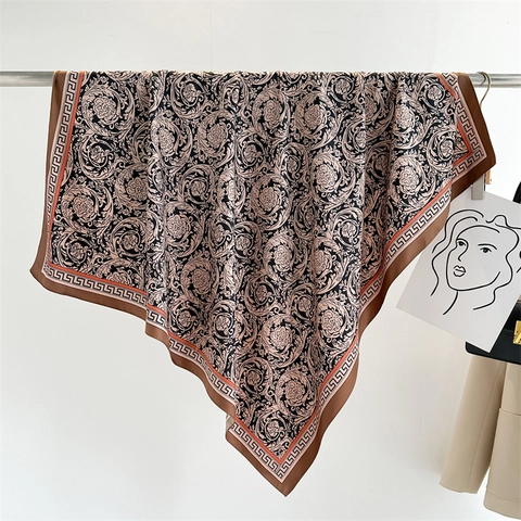 Baroque Floral Print Polyester Satin Square Scarf Elegant Greek Key Pattern Head Wrap Fashion Shawl For Women