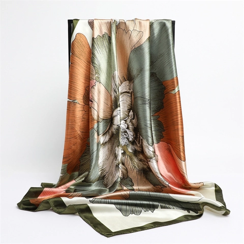 Large Square Scarf Floral Print Satin Satin Like Elegant Sun Protection Neck Scarf Headwrap Chic Shawl For Women