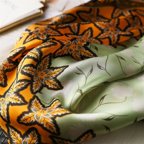 Fashion Women Faux Satin Square Scarf Floral Maple Leaf Print Color Block Polyester Satin Neck Kerchief Headband