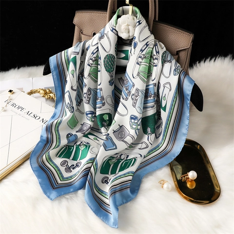 Französisches Vintage Satin-Vierecktuch Damen Seidenähnliches Polyester Modisches Handtaschen-Illustration Schal Kopfschmuck