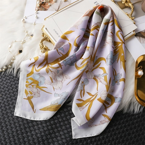 Sciarpa Quadrata Con Fiori Di Iris Imitazione Raso Donna Scialle Protezione Solare Moda Foulard Elegante Accessori