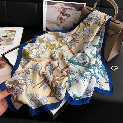 Sciarpa Quadrata Con Fiori Di Iris Imitazione Raso Donna Scialle Protezione Solare Moda Foulard Elegante Accessori