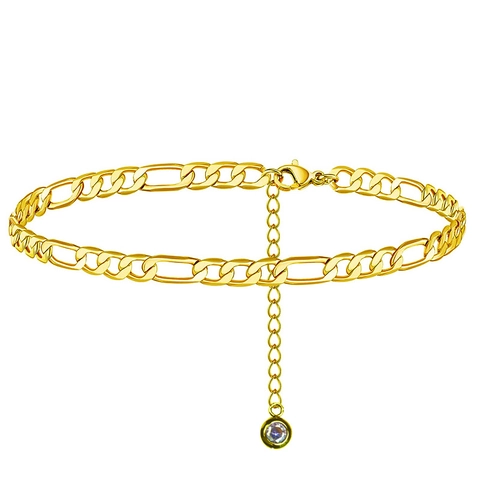 Figaro Gliederkette Fußkettchen Damen Titanstahl 18K Vergoldet Verstellbar Beinkette Bunter Zirkon Anhänger