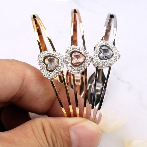 Bracciale Rigido A Doppia Fila A Forma Di Cuore In Acciaio Inossidabile Con Cristallo Di Zircone Gioielli Eleganti Per Donna