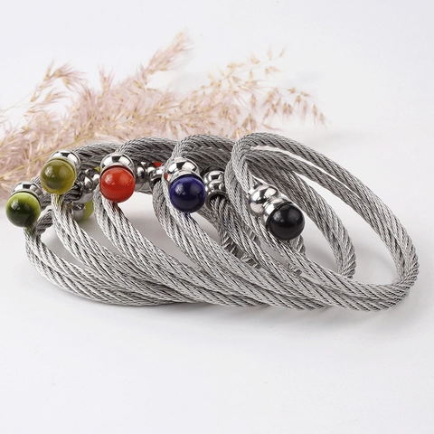 Roestvrijstalen Open Manchet Armband Gedraaide Kabeldraad Bangle Met Kattenoog Steen Kralen Mode Sieraden Dames