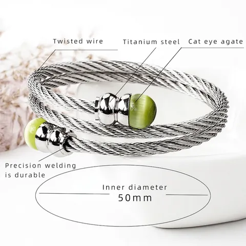 Manschettenarmband Edelstahl Gedrehtes Drahtseil Katzenauge Stein Kugelenden Minimalistischer Schmuck Mehrlagig