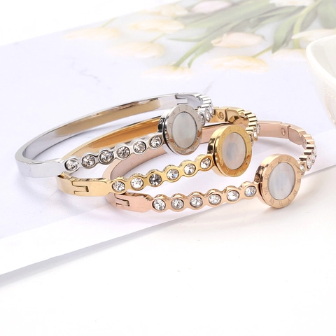 Roman Numeral Bangle Stainless Steel Mother Of Artificial Pearl Inlaid Zircon 18K Gold Plated Elegant Jewelry For Women