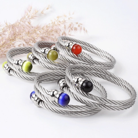 Roestvrijstalen Open Manchet Armband Gedraaide Kabeldraad Bangle Met Kattenoog Steen Kralen Mode Sieraden Dames