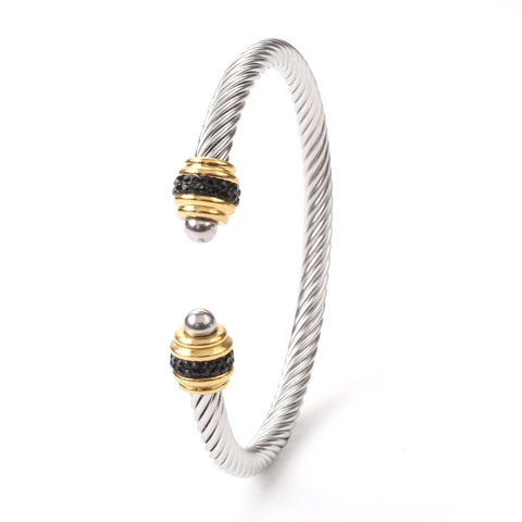 Twisted Cable Wire Cuff Bracelet Stainless Steel Rhinestone Inlaid Gold Plated Open Bangle Modern Jewelry For Women