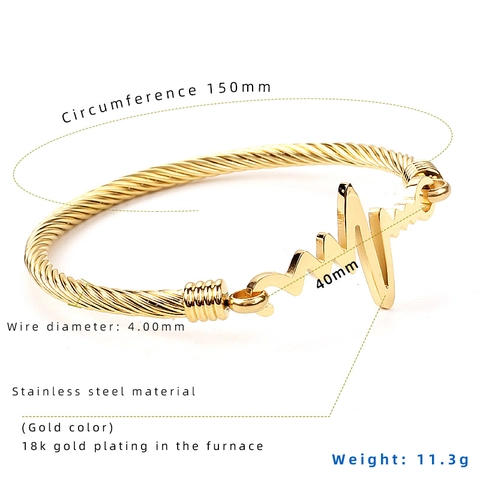 Heartbeat ECG Stainless Steel Cable Bangle Twisted Wire Open Bracelet Fashion 18K Gold Plated Jewelry Gift For Women