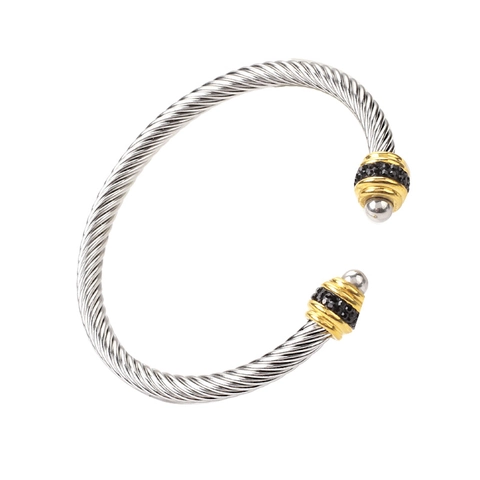 Twisted Cable Wire Cuff Bracelet Stainless Steel Rhinestone Inlaid Gold Plated Open Bangle Modern Jewelry For Women
