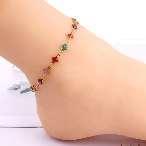 Stainless Steel Colorful Clover Anklet For Women Girls Summer Beach Foot Jewelry Adjustable 18K Gold Plated Shimmer Bell
