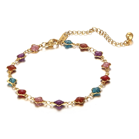 Stainless Steel Colorful Clover Anklet For Women Girls Summer Beach Foot Jewelry Adjustable 18K Gold Plated Shimmer Bell