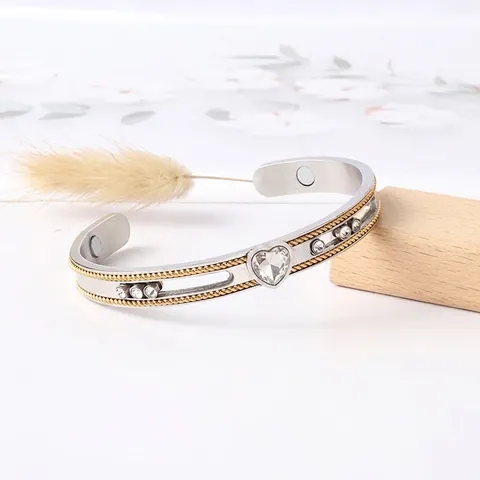 Bracelet Ouvert Magnétothérapie Acier Inoxydable Cœur Opale Strass Bicolore Or Fil Torsadé Bangle Femmes