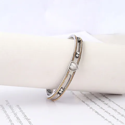 Bracelet Ouvert Magnétothérapie Acier Inoxydable Cœur Opale Strass Bicolore Or Fil Torsadé Bangle Femmes