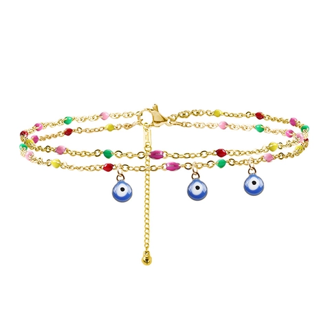 Doppelreihige Evil Eye Fußkette Edelstahl Bunte Emaille Perlen Boho Strand Fußschmuck Für Damen