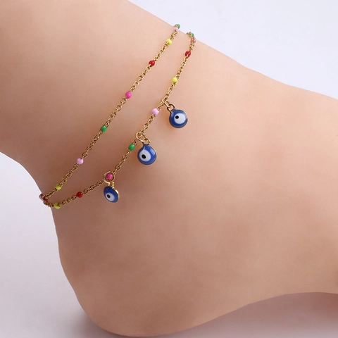 Doppelreihige Evil Eye Fußkette Edelstahl Bunte Emaille Perlen Boho Strand Fußschmuck Für Damen