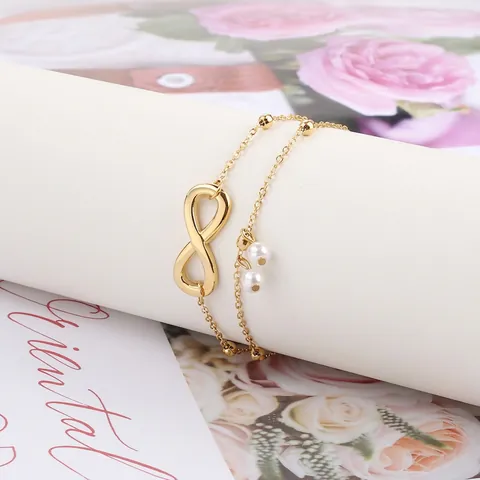 Infinity Symbol Double Layer Anklet Titanium Steel Adjustable With Imitation Artificial Pearls Metal Beads Women Beach Jewelry