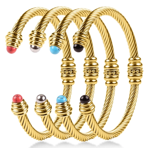 Bracelet Jonc Ouvert Torsadé En Acier Inoxydable Titane Réglable Forme C Avec Perles Agate Bijoux Boho Femmes