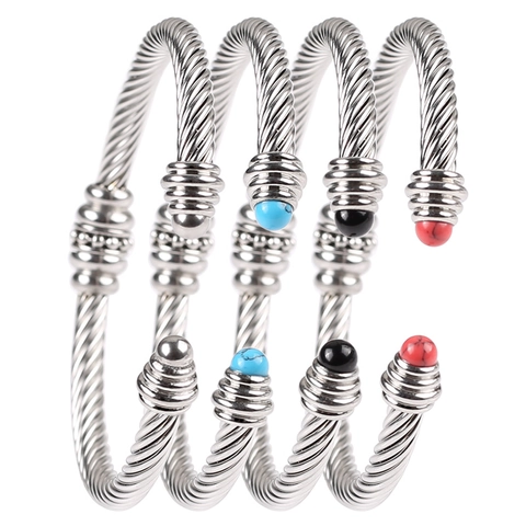 Bracelet Jonc Ouvert Torsadé En Acier Inoxydable Titane Réglable Forme C Avec Perles Agate Bijoux Boho Femmes