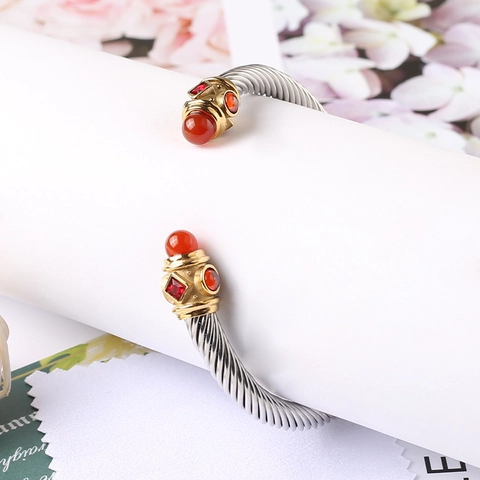 Twisted Cable Cuff Bracelet Stainless Steel With Multi Color Gemstones Retro Luxury Open Adjustable Bangle For Women