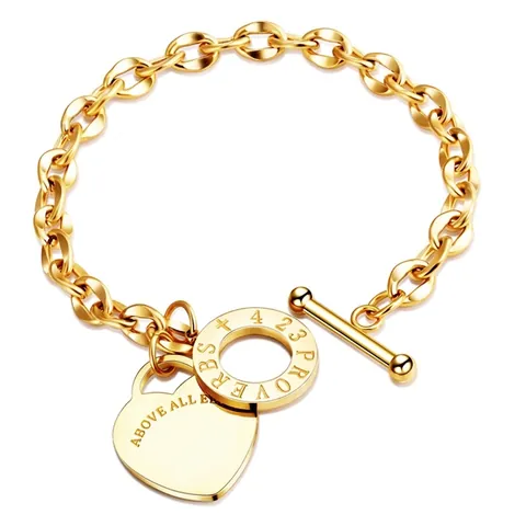 Stainless Steel Heart Charm Bracelet OT Toggle Clasp Bible Verse Proverbs 4 23 Engraved Jewelry Gift For Women