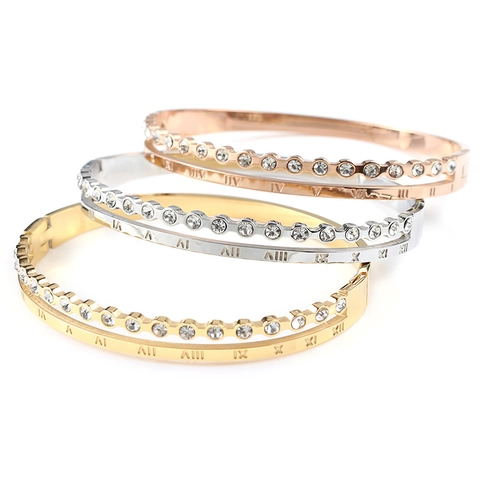 Stainless Steel Double Layer Bangle For Women Gold Rose Gold Plated Roman Numeral Zirconia Inlaid Open Bracelet Jewelry