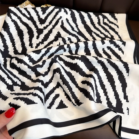 Zebra Print Square Scarf Polyester Twill Satin Feel Shawl Fashion Headscarf For Women Elegant Lightweight Accessory