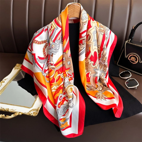 Elegant Square Scarf Twill Satin Feeling Chain Geometric Retro Equestrian Pattern Versatile Shawl Headband For Women