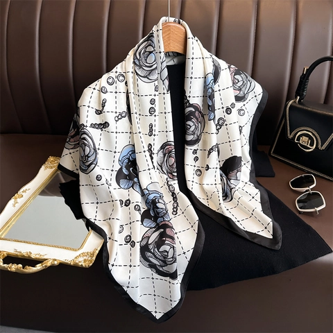 Camellia Rose Floral Print Square Scarf Polyester Satin Feeling Grid Pattern Elegant Neck Wrap For Women