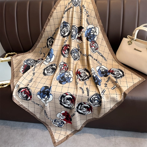 Camellia Rose Floral Print Square Scarf Polyester Satin Feeling Grid Pattern Elegant Neck Wrap For Women