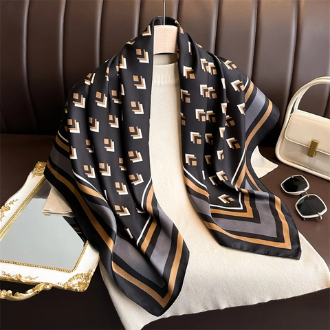 Large Square Scarf Satin Like Polyester Twill Geometric Pattern Elegant Fashion Headscarf Shawl Wrap For Women Luxury Style