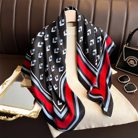 Large Square Scarf Satin Like Polyester Twill Geometric Pattern Elegant Fashion Headscarf Shawl Wrap For Women Luxury Style