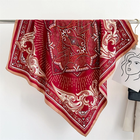 Elegant Baroque Print Large Square Scarf For Women Polyester Satin Satin Like Shawl Geometric Floral Pattern Head Wrap