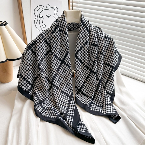 Elegant Houndstooth Satin Square Scarf For Women 90cm Large Silk Like Neck Scarf Fashion Print Shawl Sun Protection Headscarf
