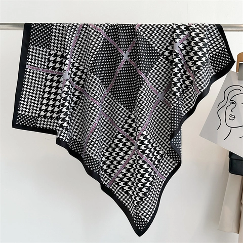 Elegant Houndstooth Satin Square Scarf For Women 90cm Large Silk Like Neck Scarf Fashion Print Shawl Sun Protection Headscarf