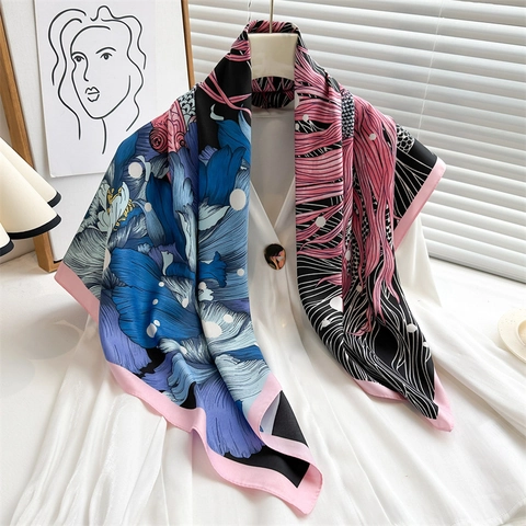 Koi Peony Print Polyester Satin Square Scarf Large Twill Satin Headscarf Elegant Fashion Sunscreen Shawl Women