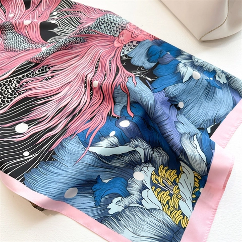 Koi Peony Print Polyester Satin Square Scarf Large Twill Satin Headscarf Elegant Fashion Sunscreen Shawl Women