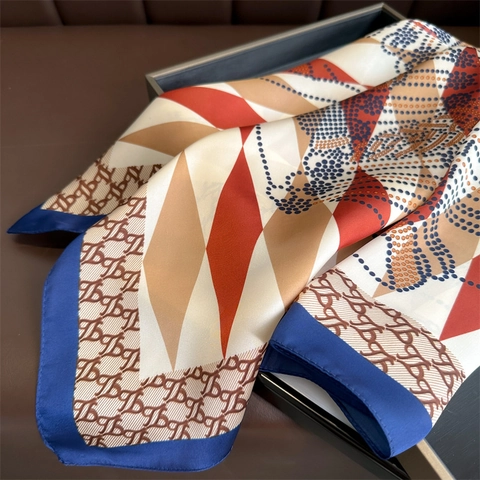 Elegante Foulard Quadrato Poliestere Imitazione Raso Stampa Geometrica Rombo Catena Sciarpa Versatile Da Donna