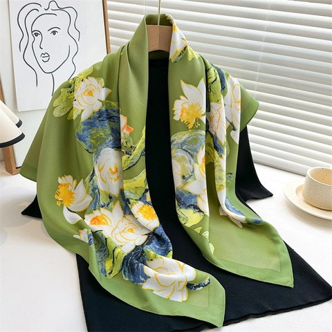 Vintage Lotus Floral Print Square Scarf For Women Elegant Satin Like Twill Fabric Fashion Headscarf Soft Large Wrap Accessory