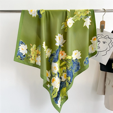 Vintage Lotus Floral Print Square Scarf For Women Elegant Satin Like Twill Fabric Fashion Headscarf Soft Large Wrap Accessory