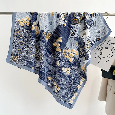 Large Square Scarf Women Floral Sunflower Print Elegant Polyester Twill Satin Headscarf Shawl Artistic Retro Accessory