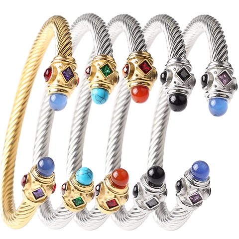 Twisted Cable Cuff Bracelet Stainless Steel With Multi Color Gemstones Retro Luxury Open Adjustable Bangle For Women