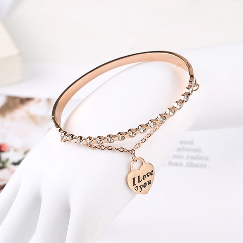 Double Layer Heart Pendant Bracelet Bangle Stainless Steel Women Rhinestone Inlaid Engraved I Love You Jewelry