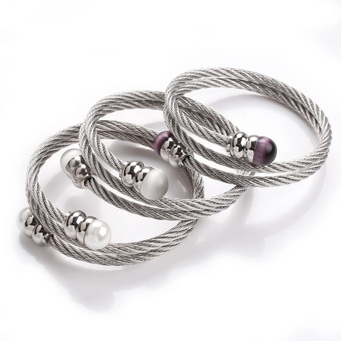 Bracciale Rigido A Cavo Ritorto A Strati Spirale Acciaio Inossidabile Finta Perla Artificial Pietra Occhio Di Gatto Gioielli Regolabili Eleganti